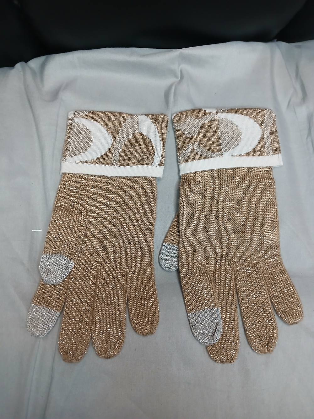 Coach Metallic Gold and White Signature Logo Wool Knit Gloves